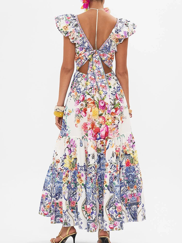 Deep V Neck Print Midi Dress