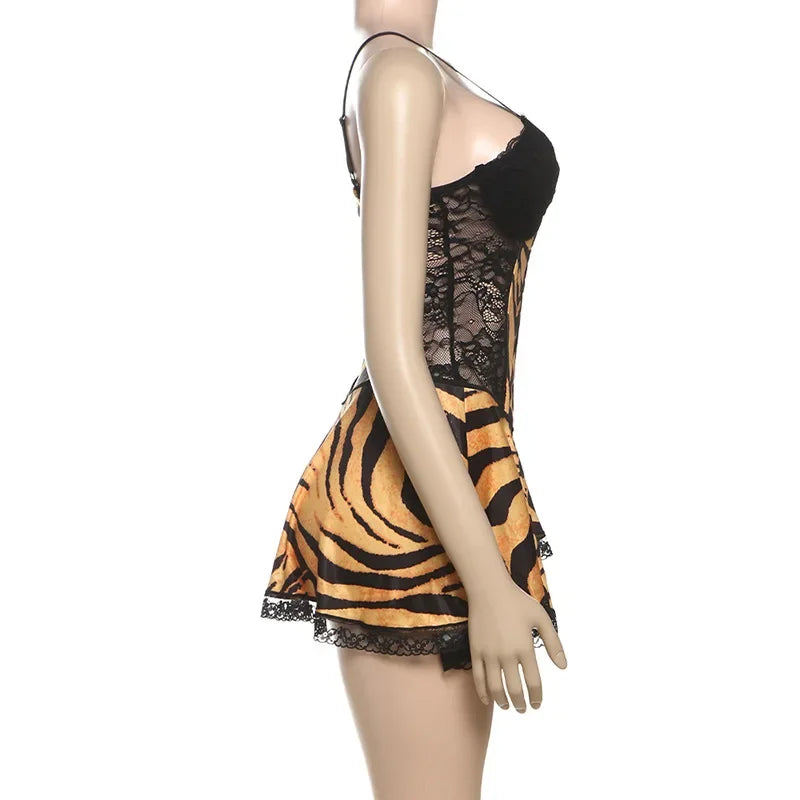 Sexy Skirt Women Product Backless Slim Fit Perspective Lace Leopard Print Patchwork Suspender Short Dresses 2025 Autumn Winter