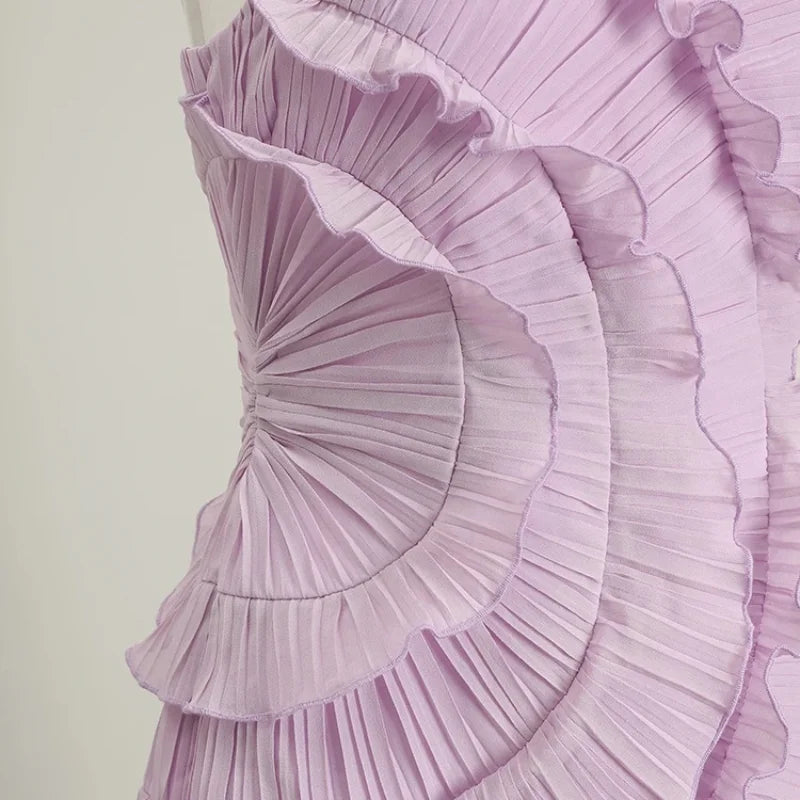 Chic Pleated Halter Neck Long Vacation Dress High Quality Purple Strapless Lotus Edge Maxi Dress 2025 New Lady Vacation Gown