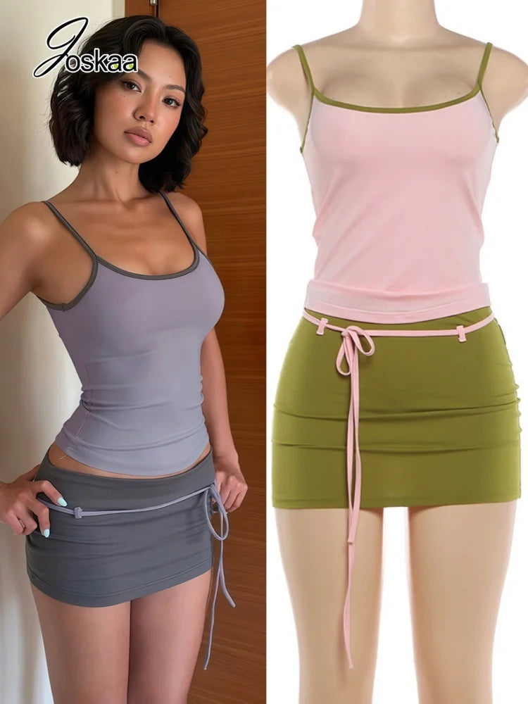 Color Blocking Two Piece Set Backless Camisole And Tassel Skirt for Women