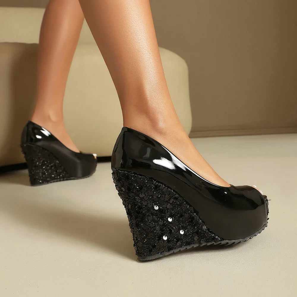 Sparkly Sequin Peep Toe Platform Wedge Sandals for Women