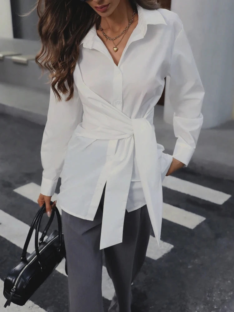 Women's Classic Collar Button-Up Long Sleeve Shirt with Waist-Cinching Belt Elegant Retro Style Adjustable Fit