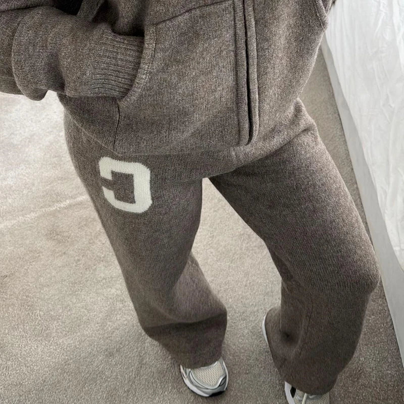 Letter Print Hooded Two Piece Set With Wide Leg Pants for Women
