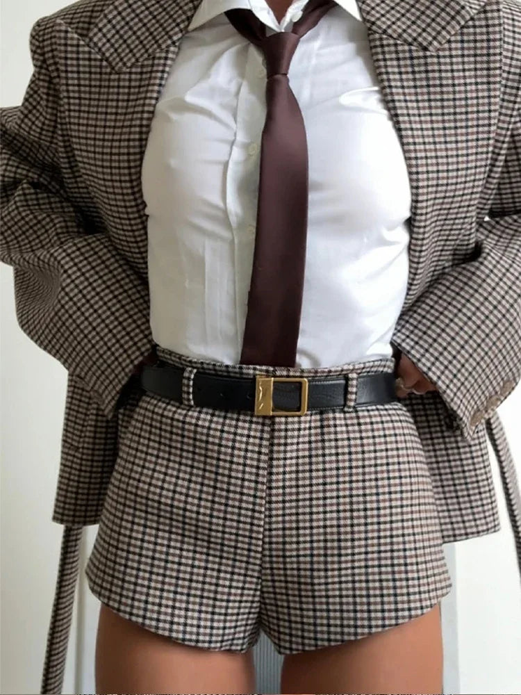 Vintage Plaid Lapel Blazer and Shorts Set for Women