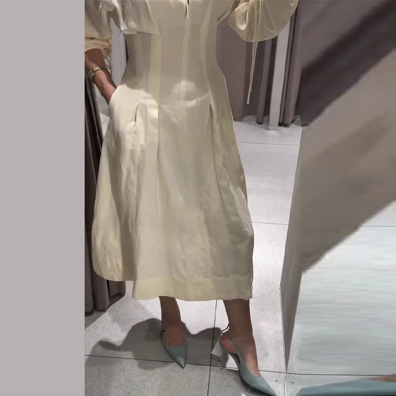 Lace Up Pleated Lantern Sleeve Midi Dress for Women