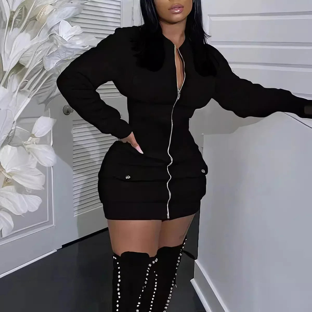 Elegant Long Sleeve Knee-Length Satin Dress for Women