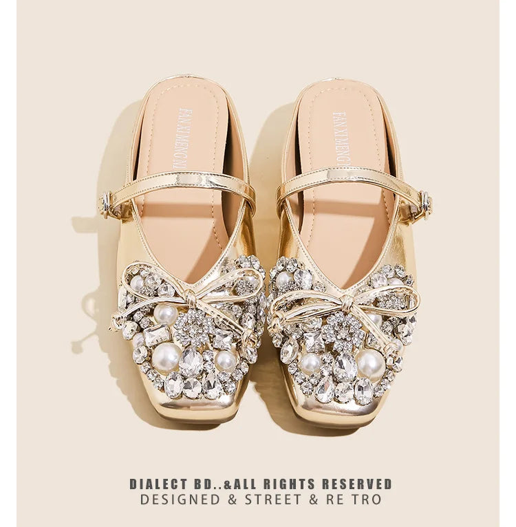 Pearl Bow Embellished Square Toe Flat Shoes For Women