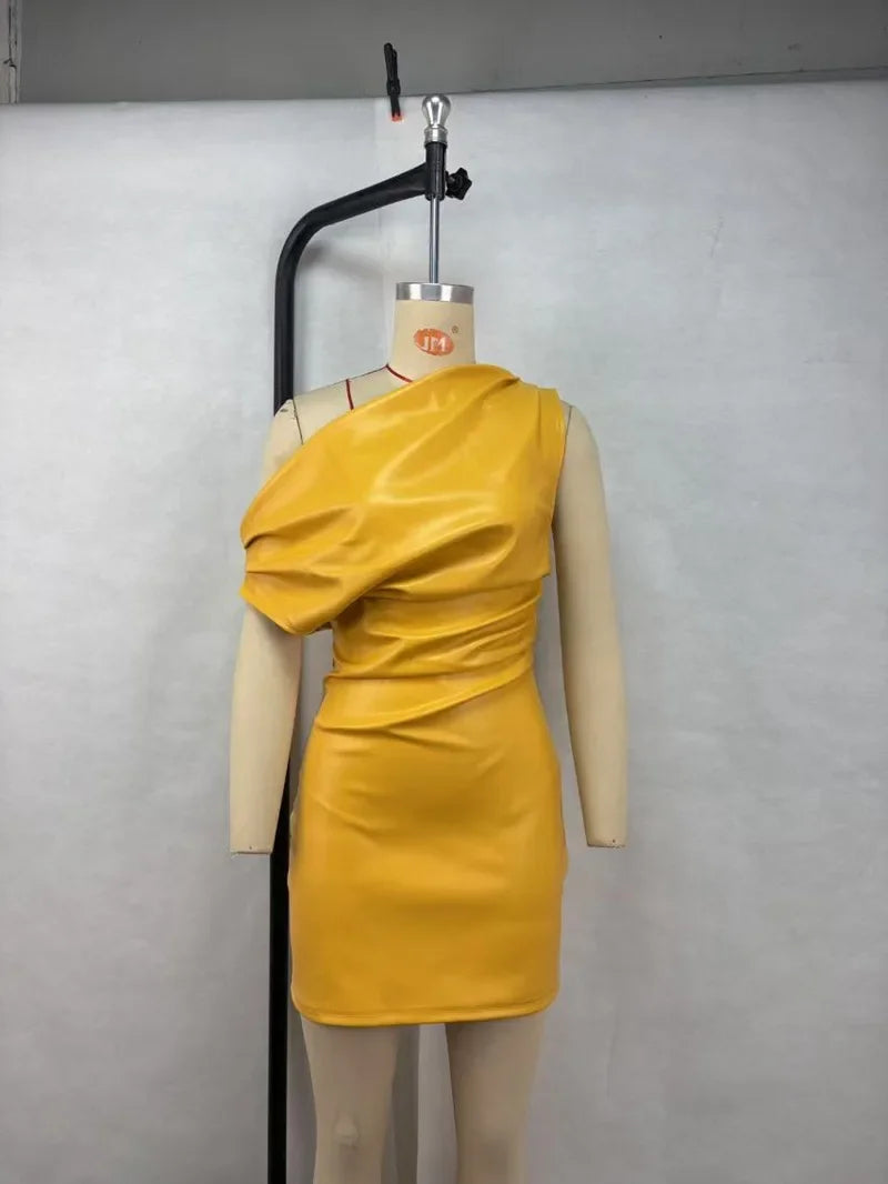 Elegant Inclined Shoulder Pu Leather Ruched Bodycon Mini Dress for Women