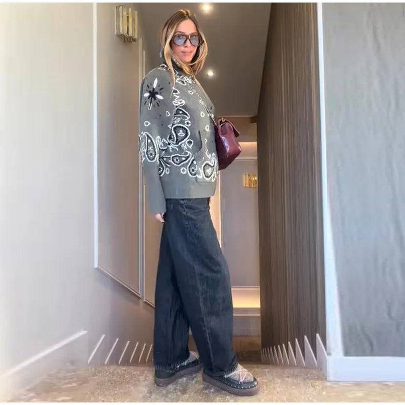 Gray Jacquard Knit Loose Cardigan Long Sleeve Casual for Women