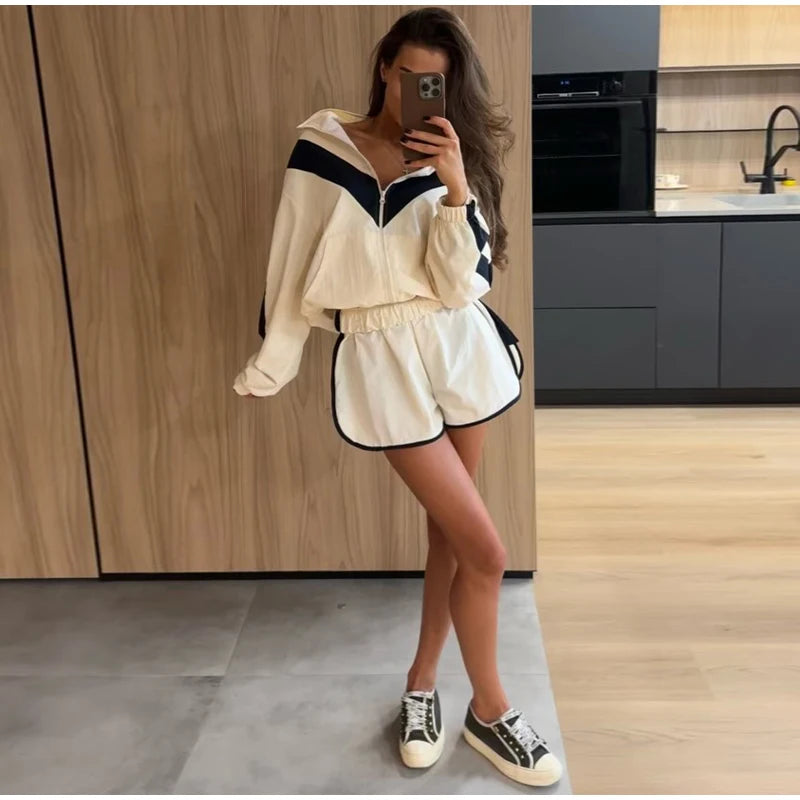 Color Block Zip Jacket and Shorts Tracksuit for Women
