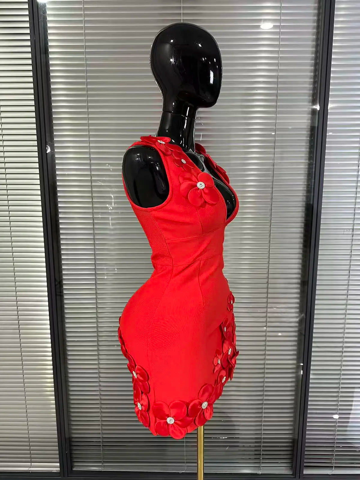 Black Red Women Sexy Sleeveless V-Neck Florals A-Line Bandage Dress Celebrate Nightclub Party Evening Birthday Photohoot Wear
