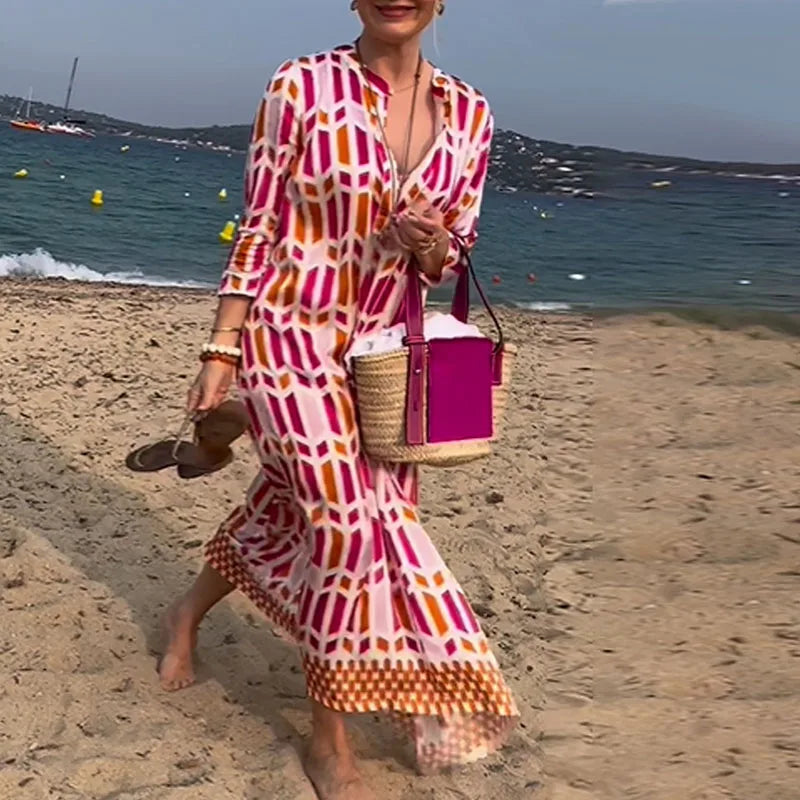 Geometric Pattern Printed Loose Fit Beach Dress for Women