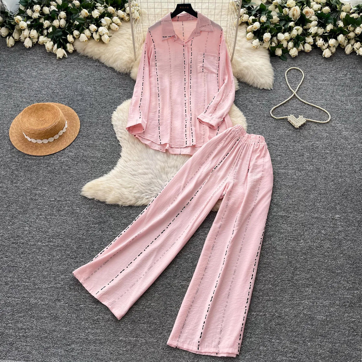 Collared Shirt and Wide Leg Pants Set