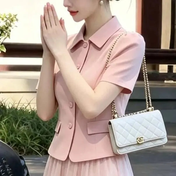 Elegant Pink Two Piece Blazer and Skirt Set for Women