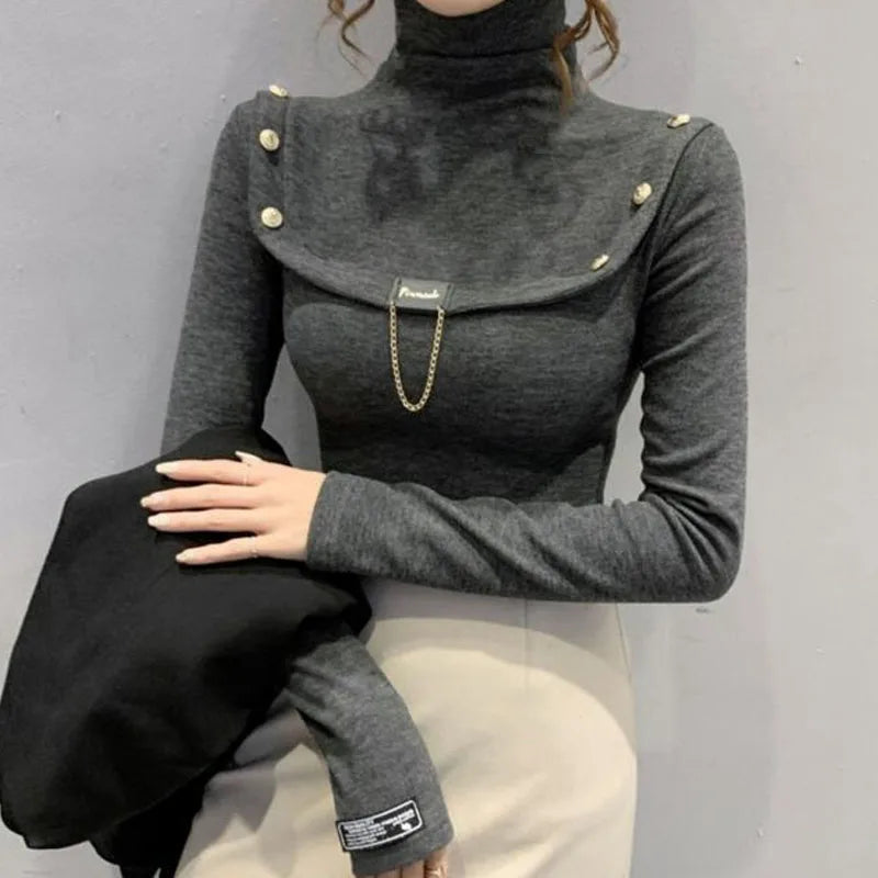 Elegant Button Detail Knit Turtleneck Sweater For Women