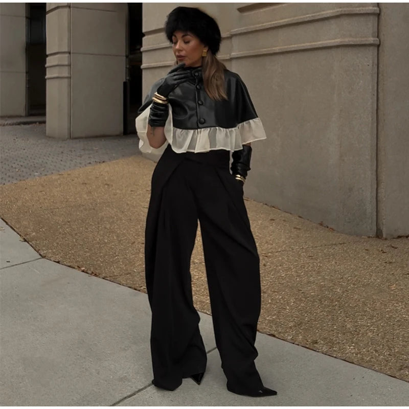 Elegant Mesh Patchwork Short Cape Coat With Stand Collar for Women