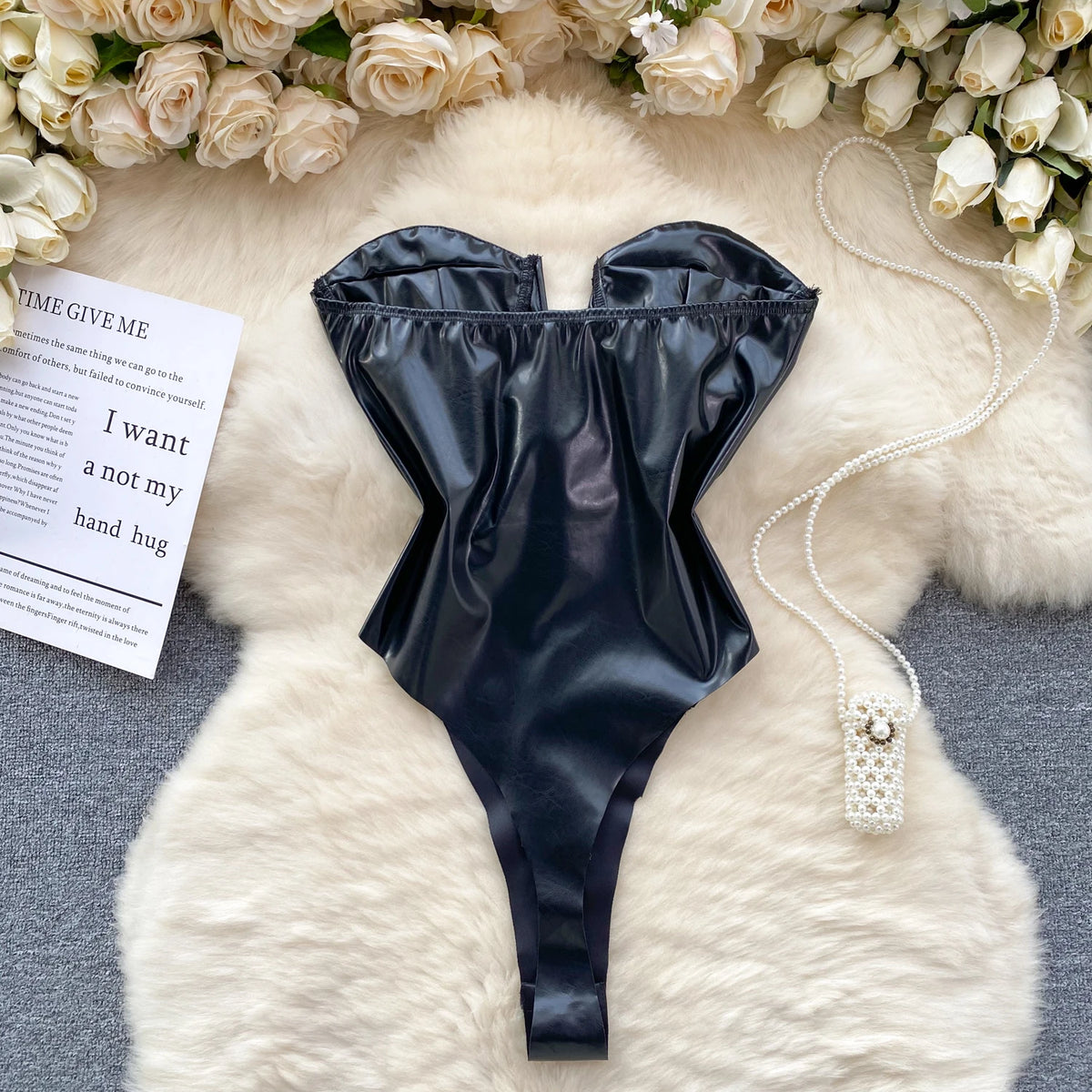 Strapless PU Leather Lace-Up Backless Bodysuit for Women