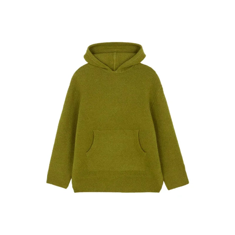 Green Women's Knit Hoodie Coat Full Sleeve Front Pocket  Casual Sweater Top 2025 Early Autumn Loose Female Knitwear Outerwear