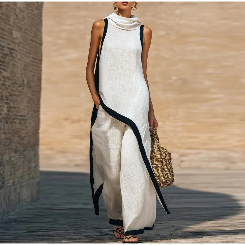 Casual Solid Blouse and Wide Leg Trousers for Women
