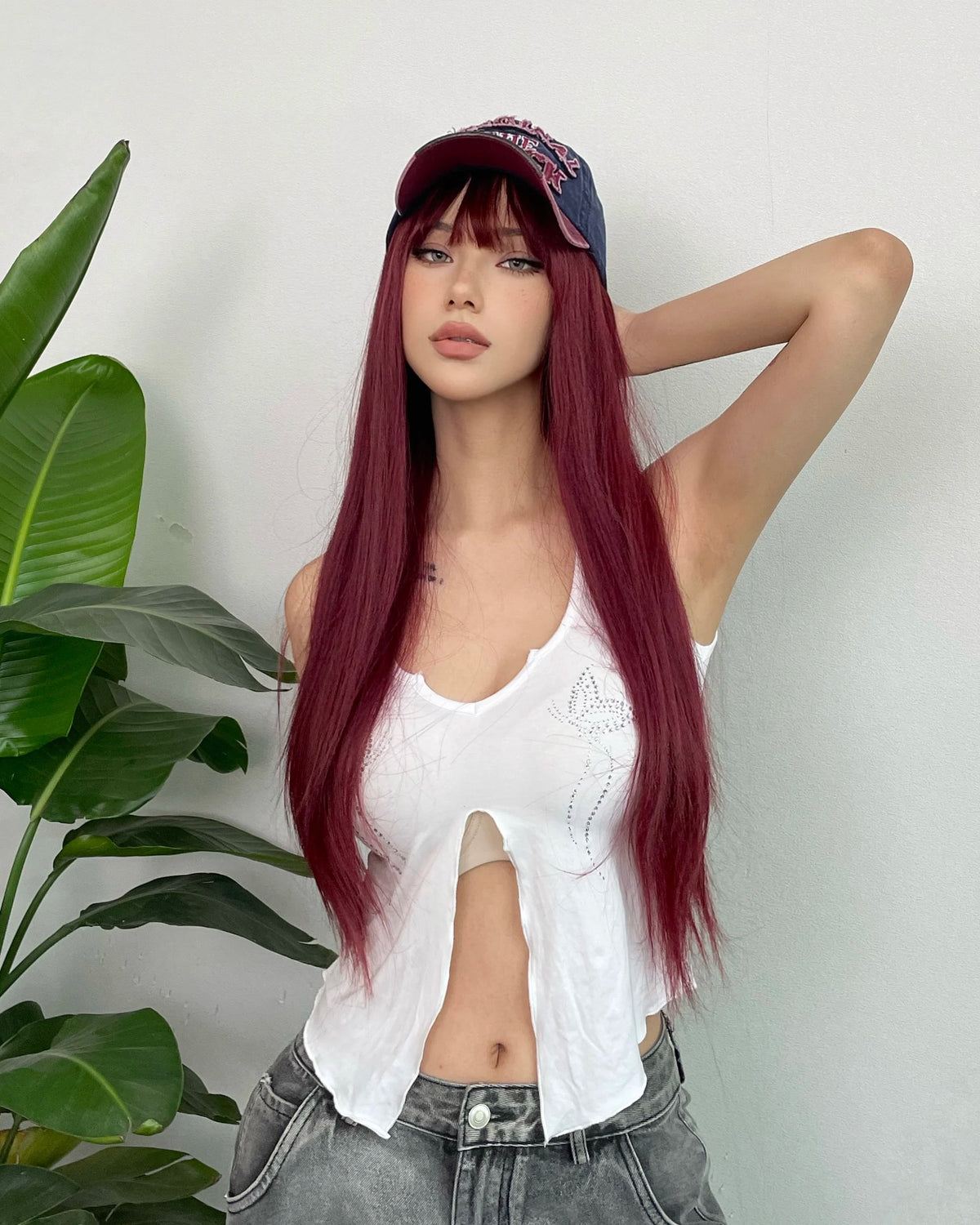 Long Straight Dark Red Cosplay Wig With Bangs for Women