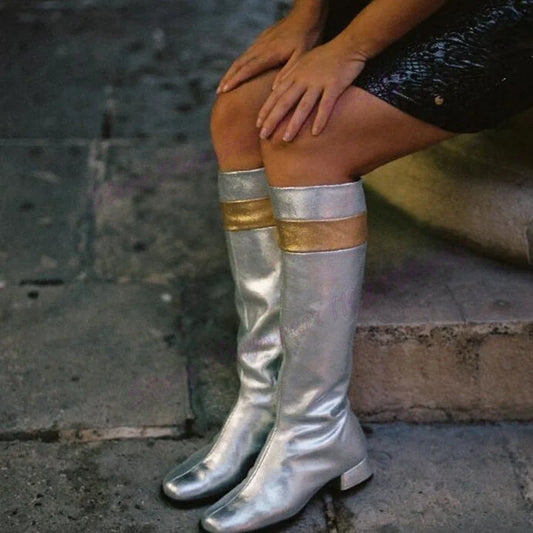 Patchwork Chunky Heels Knee High Boots Round Toe Shoes for Women Patent Leather Sexy New Style Shoes 2025 Zapatos Para Mujere