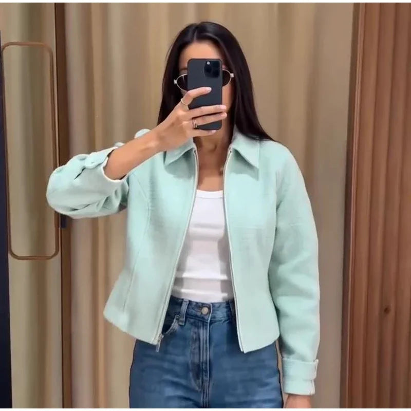 Chic Slim Fit Lapel Zipper Casual Short Coat for Women