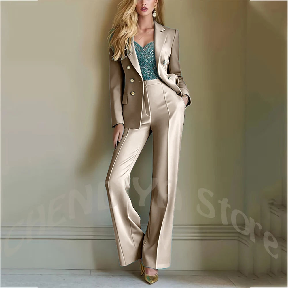 Solid Color Suit For Women High Quality Double Breasted Two Piece Notch Lapel Slim Fit Elegant Fashion Female Outfit Jacket Pant