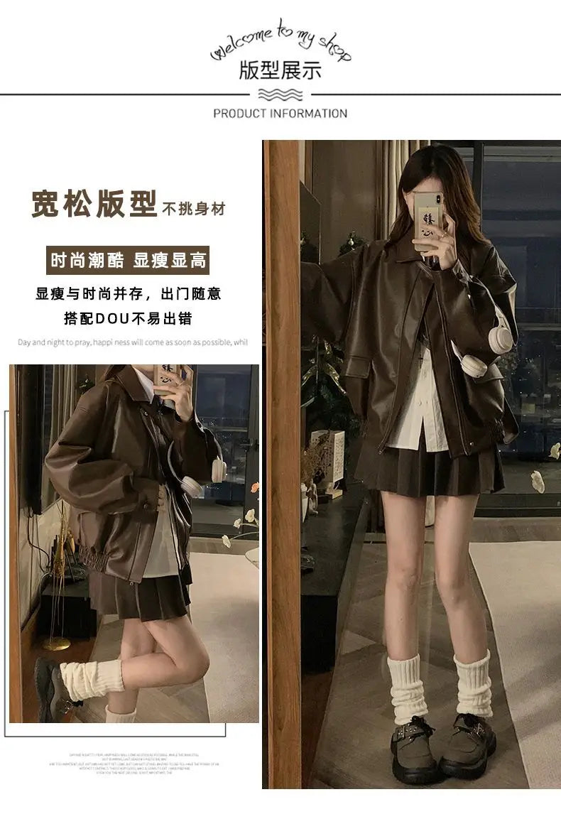 Short American Retro PU Leather Baseball Jacket for Women