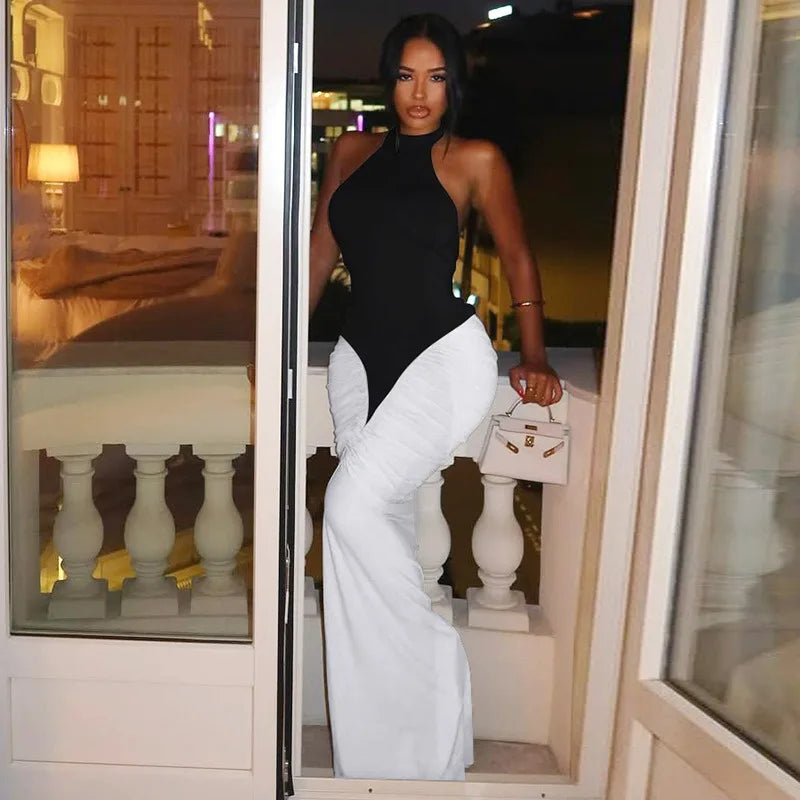 BOOFEENAA Patchwork Halter Backless Maxi Dress for Dinner Evening Gown Sexy Elegant Party Dresses for Woman Fall 2025 C15-CH41