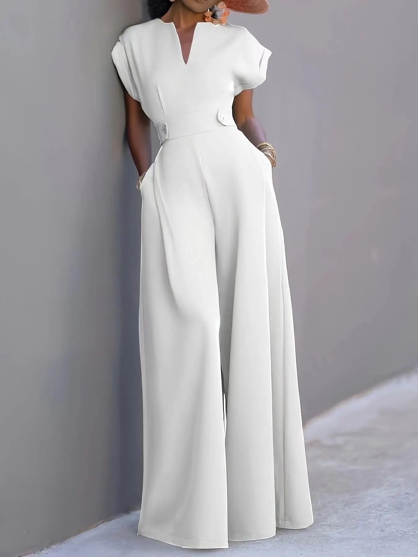 Elegant V Neck High Waist Wide Leg Sleeveless Jumpsuit for Women