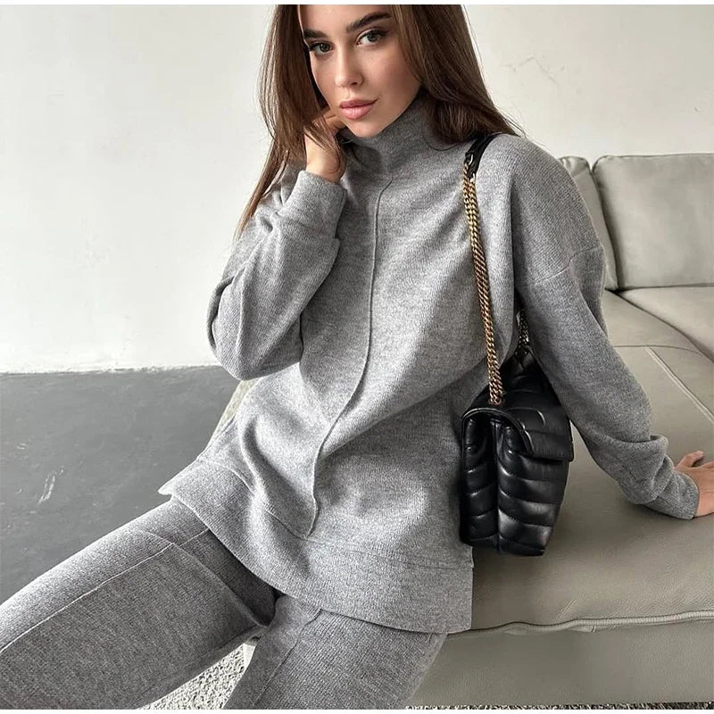 Solid Turtleneck Sweatshirt Set With Wide Leg Pants for Women