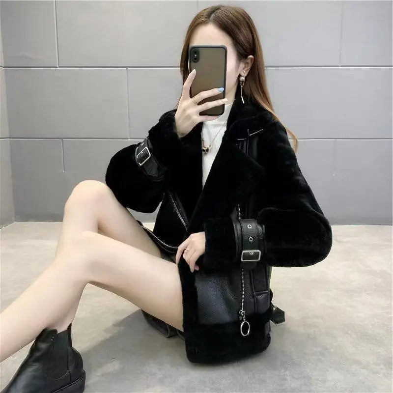 Women Coat Faux Fur Coats Biker Jackets Belt Pocket Turn Down Collar Long Sleeves Zipper Fly Loose Streetwear 2025 Autumn Winter