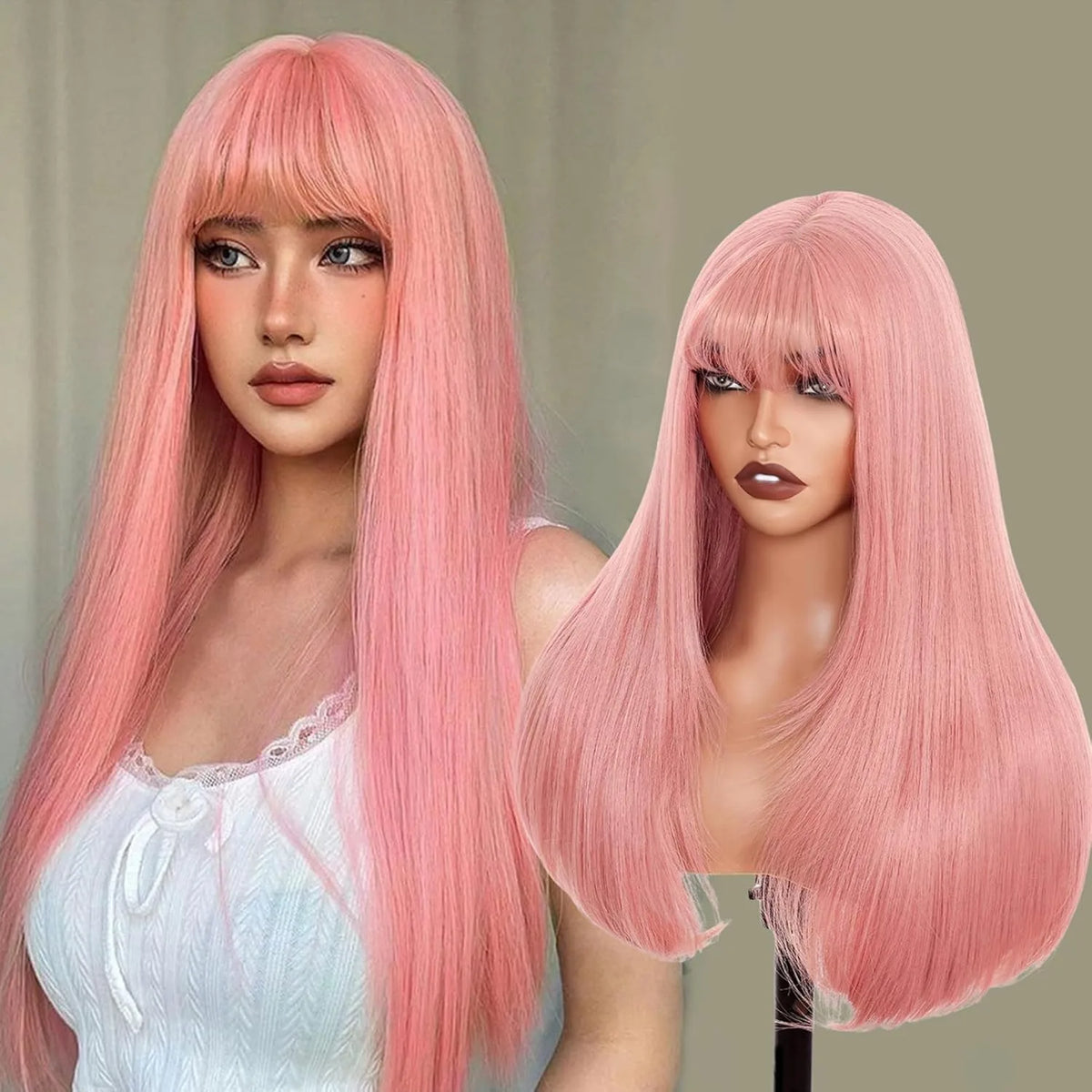 Natural Straight Layered Lace Front Wig With Bangs for Women