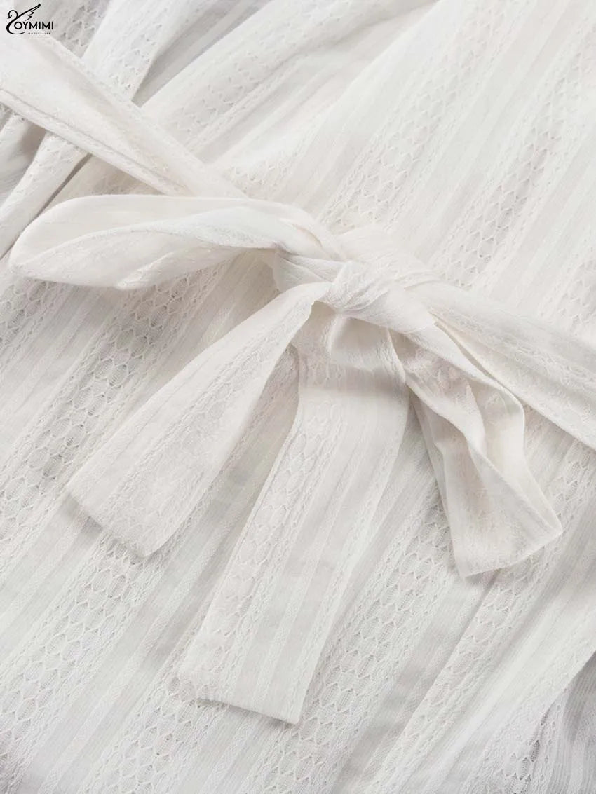 Oymimi Fashion White Cotton Women's Two Pieces Set Elegant Puff Sleeve Loose Lace-Up Shirts And High Waisted Shorts Female Sets