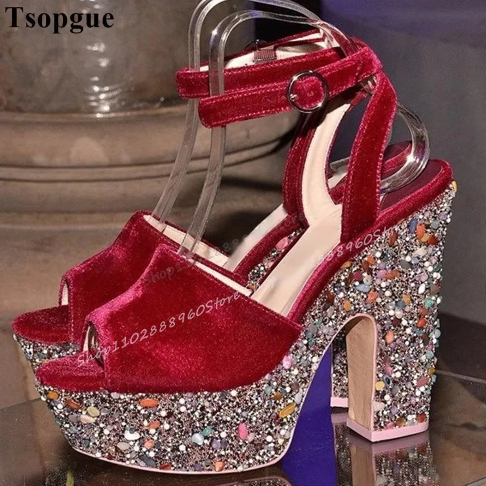 Stylish Red Suede Glitter Platform Sandals Thick Heel Women Shoes Ankle Buckle Strap Open Toe Luxury Sparkling Banquet Sandals