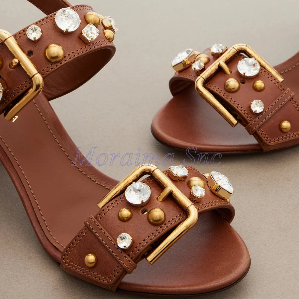 Crystal Embellished Gold Buckle Chunky Heel Sandals For Women