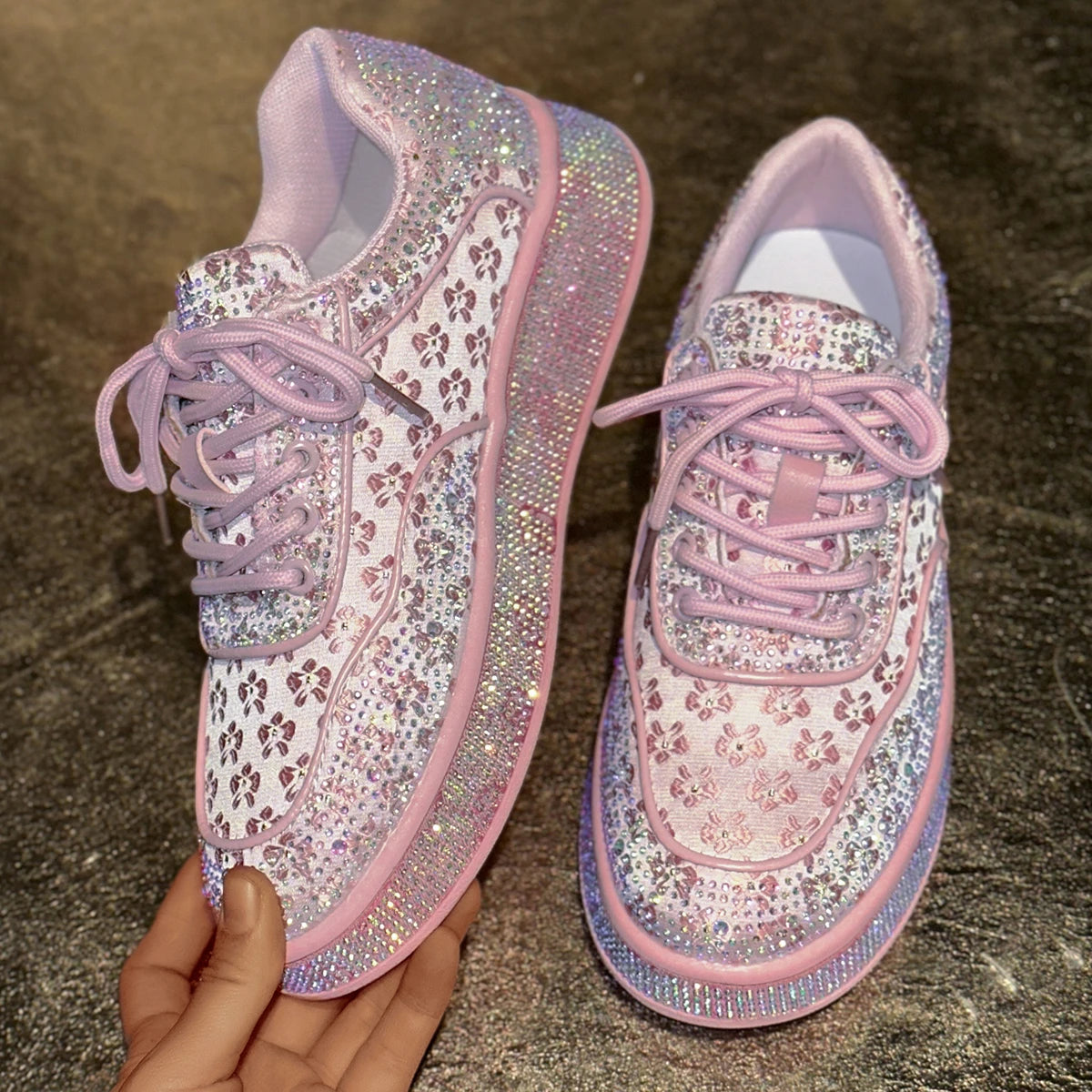 Elegant Pink Crystal Flower Lace Up Casual Flats for Women