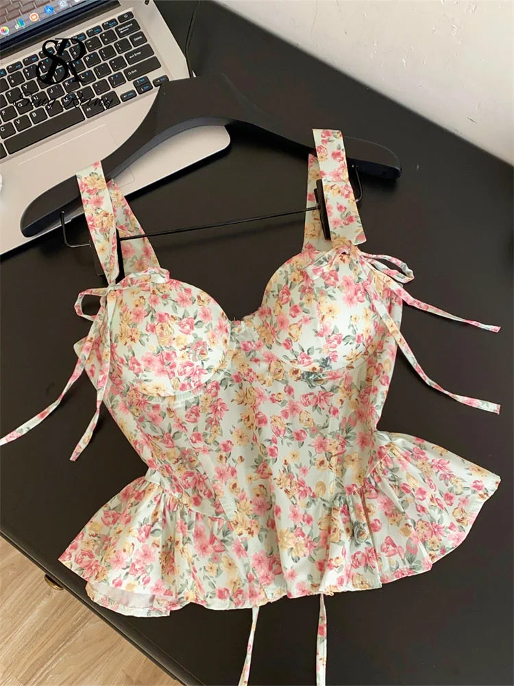 Summer Floral Lace-Up Corset Camisole Top for Women
