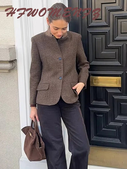 Elegant Grid Stand Collar Loose Single Breasted Woolen Coat for Women