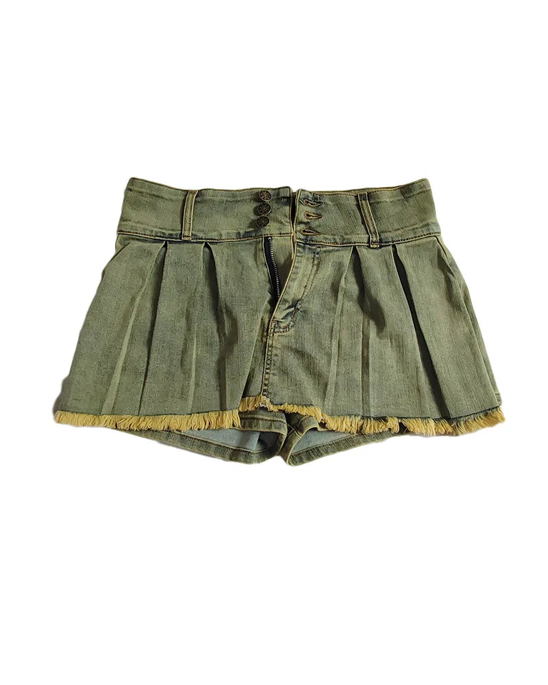 FAGADOER Y2k Denim Shorts Women Pleated Skirt Shorts Summer Stretchy Casual Shorts Retro 90s Fashion Streetwear Short Pants
