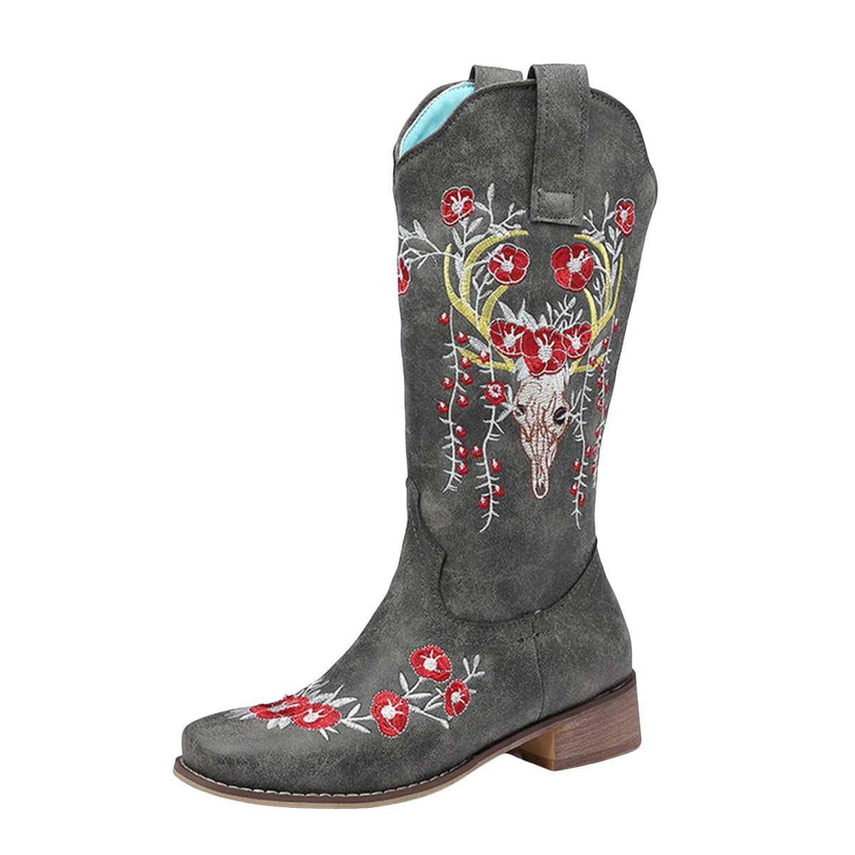 Floral Embroidered Mid-Calf Western Boots for Women