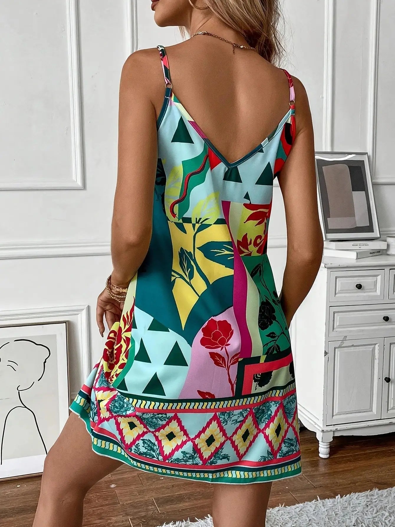 Geometric Print Backless Sleeveless Slip Dress for Women