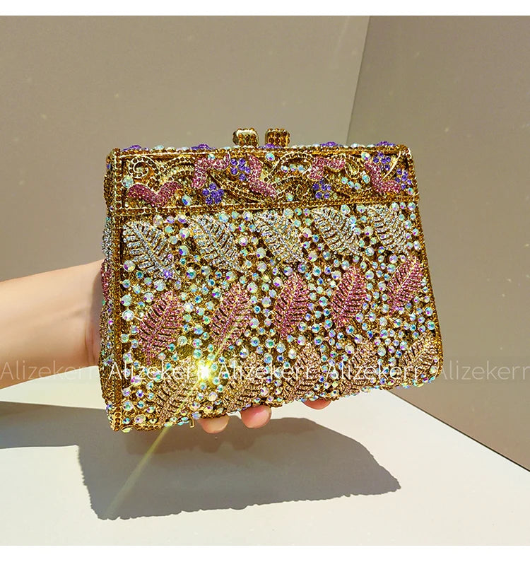 Metallic Leaf Diamond Evening Bag With Rhinestone Accents for Women
