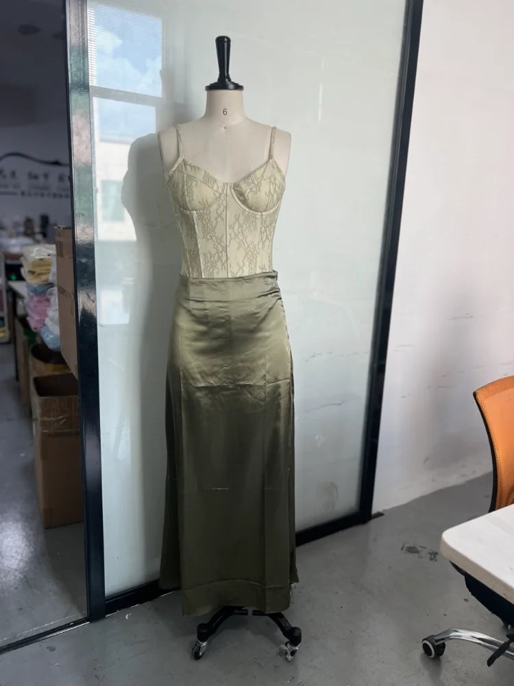 Elegant Women Summer Party Dresses Set 2 Pieces Lace High Waist Lace Up Spaghetti Strap Tops Satin Zipper Party Skirt Outfits