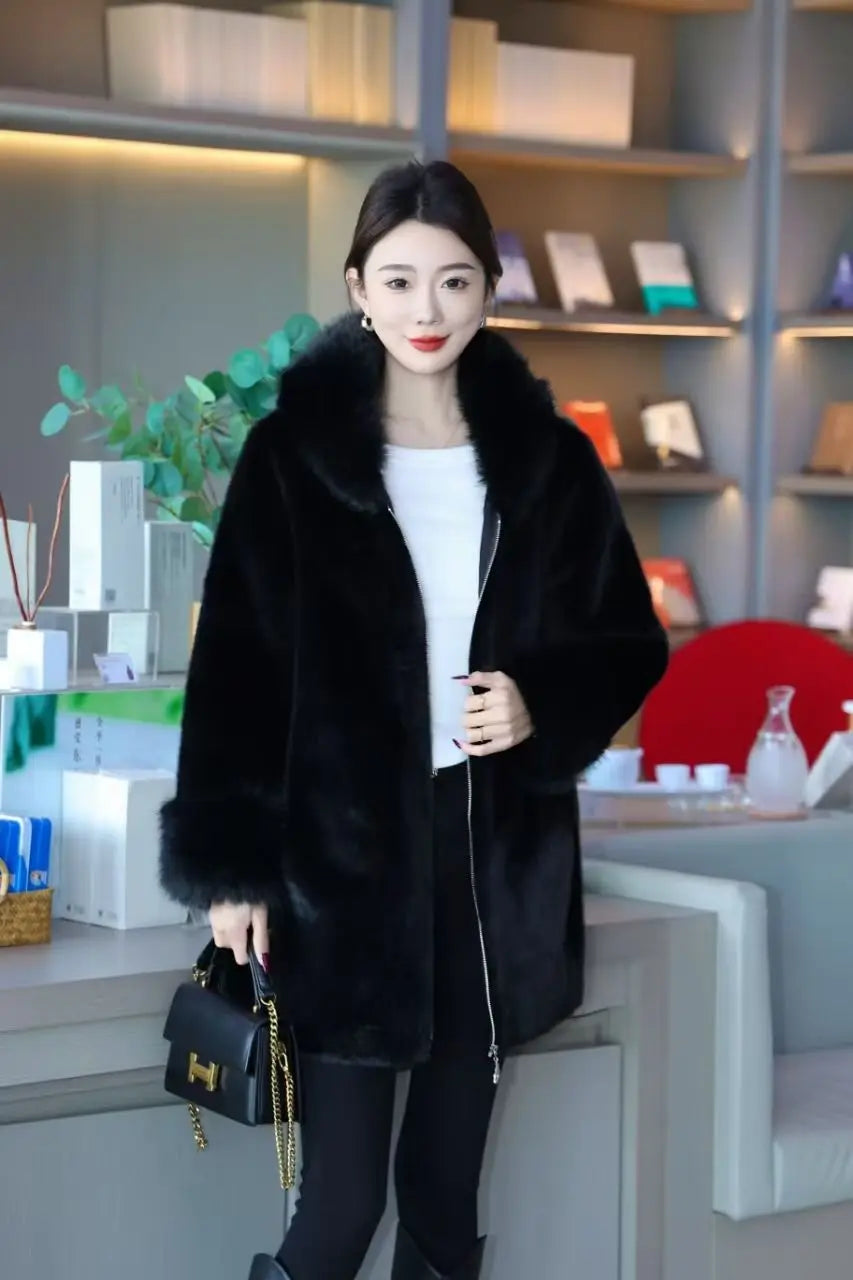 Faux Mink Fur Coat for Women,Zippers Jacket,Female Clothes,Fur Collar,Thick Warm,Autumn and Winter,2025