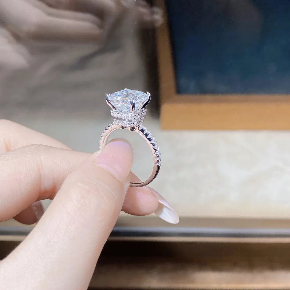 PANSYSEN Luxury 925 Sterling Silver 9*9MM Asscher Cut Real Moissanite Wedding Engagement Ring 18K White Gold Plated Fine Jewelry