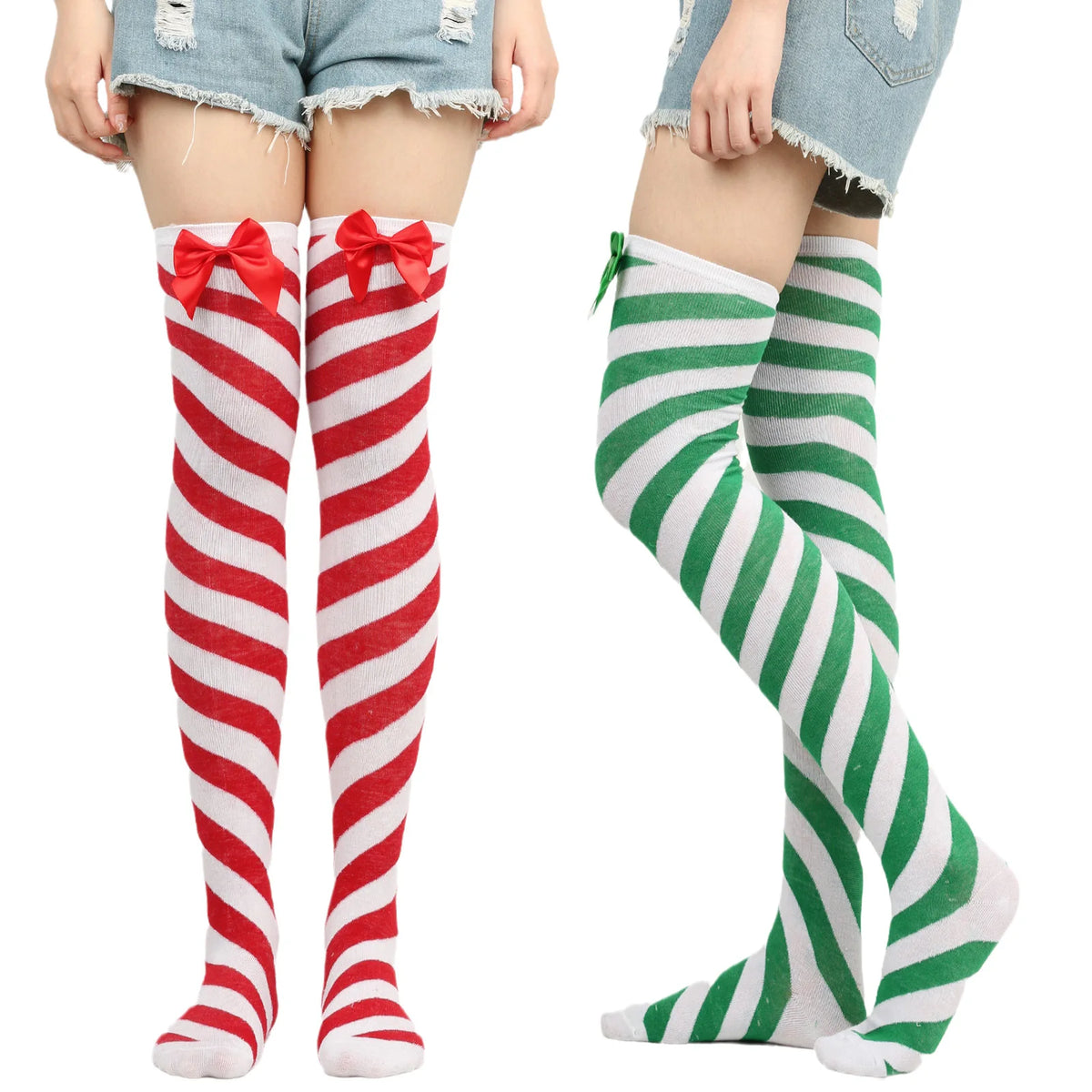 Red And Green Striped Christmas Stockings With Bows for Women