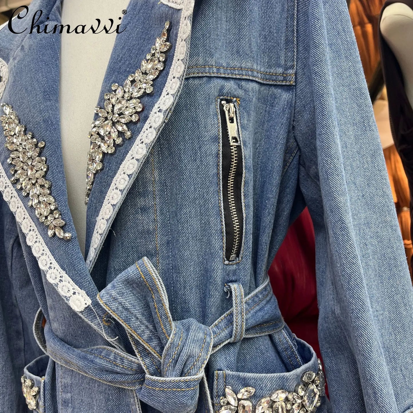 2026 Spring New Heavy Beaded Denim Jacket for Women Fashion Loose-fit Long-sleeve Streetwear Cinched Waist Denim Coat Tops