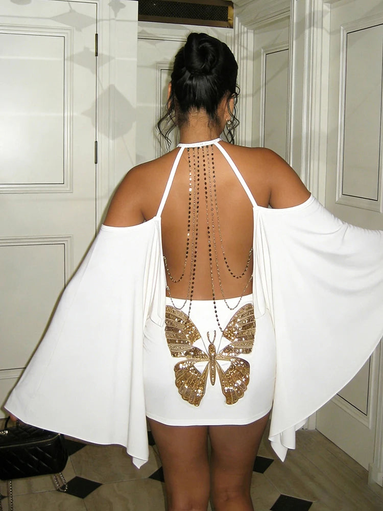 Metal Chain Backless Halter Batwing Collar Dress for Women