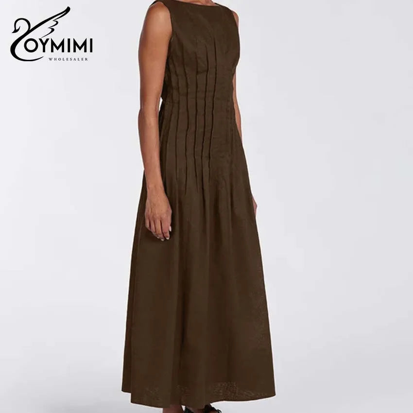 Oymimi Casual White Cotton Womens Dresses Fashion O-Neck Sleeveless Solid Dresses Elegant Open Back Ankle-Length Dress Female